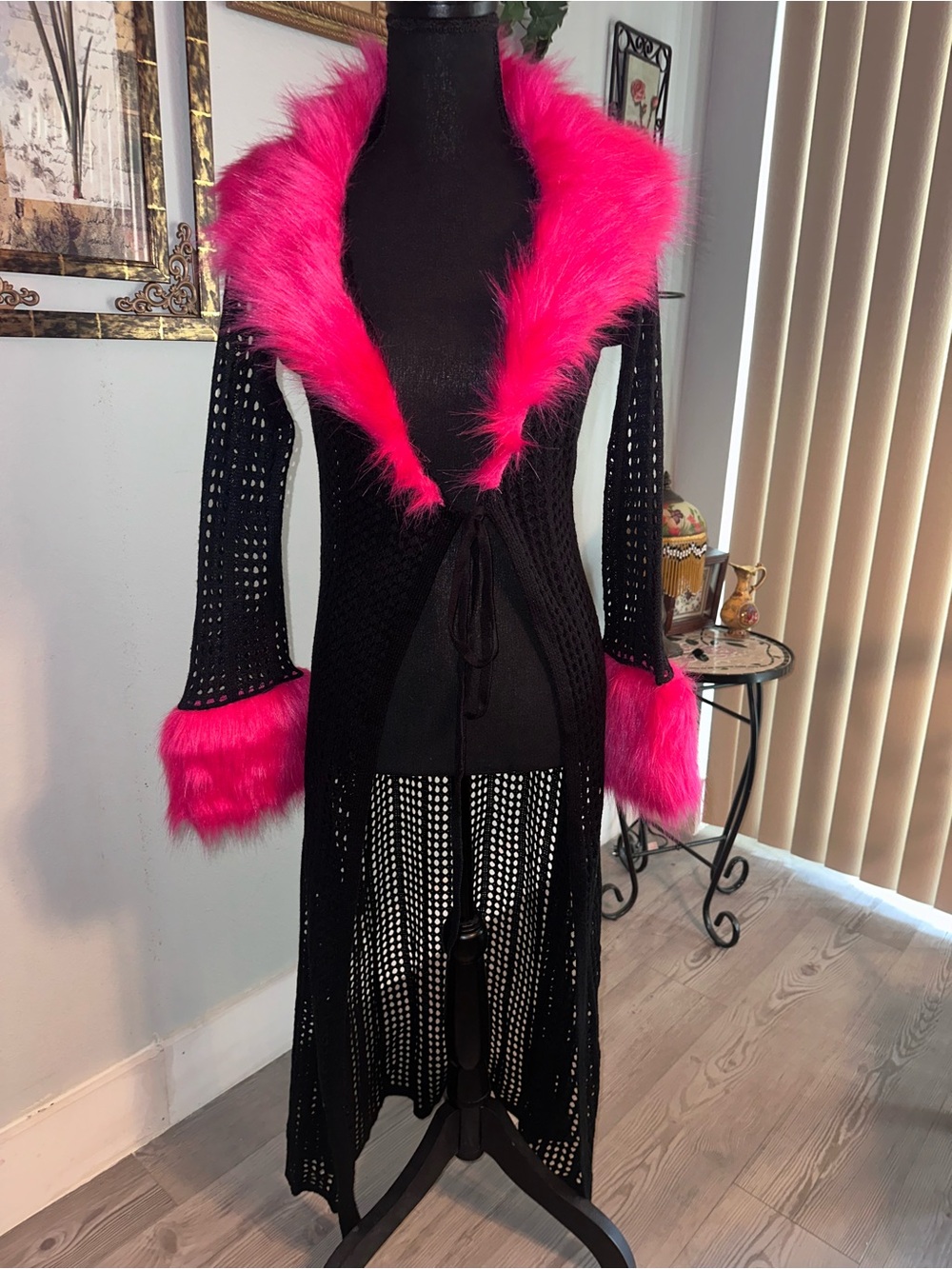 Generation Kiss Black Open-Knit Long Cardigan Duster with Hot Pink Faux Fur Trim
